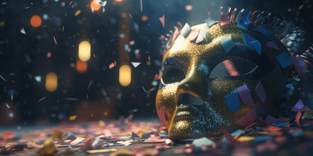 Golden carnival mask with confetti on dark background. Generative AIの素材