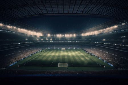 Empty soccer stadium at night with lights and spotlights. Generative AIの素材
