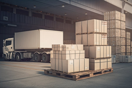 Truck with boxes in warehouse. Logistics and transportation concept. Generative AIの素材