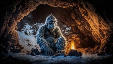 Yeti sitting in a cave and looking at the fire, Generative AI illustrationの素材