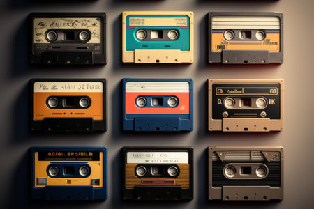 Collection of vintage audio cassettes on dark background. Generative AI illustration.の素材
