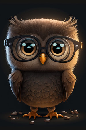 Cute owl with glasses and coffee beans on a black background. Generative AI illustrationの写真素材