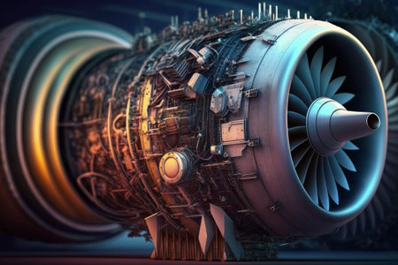 Generative AI illustration of a jet engine on a blue background. Engine of an aircraft