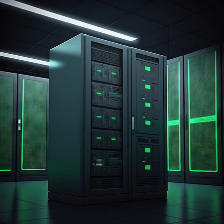 Generative AI illustration of server room with green glowing lights in the centerの素材