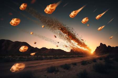 Falling meteorites in the desert. Generative AI illustrationの素材