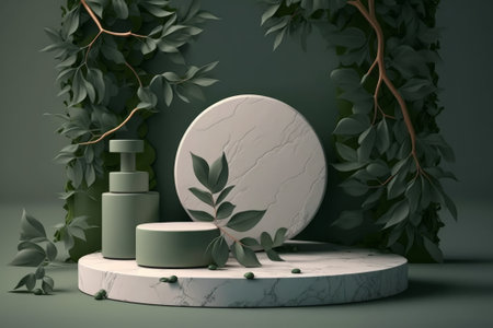 Generative AI illustration of minimal display podium for product presentation with green leaves and plantsの素材