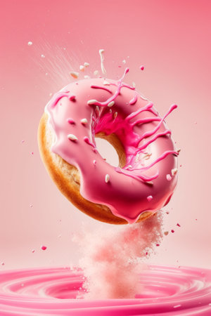 Donut with pink glaze on a pink background. Generative AIの素材