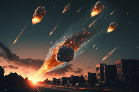 Falling meteorite against the background of the city. Generative AI illustrationの素材
