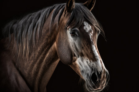 Generative AI,  Portrait of a bay horse on a black background in the studioの素材