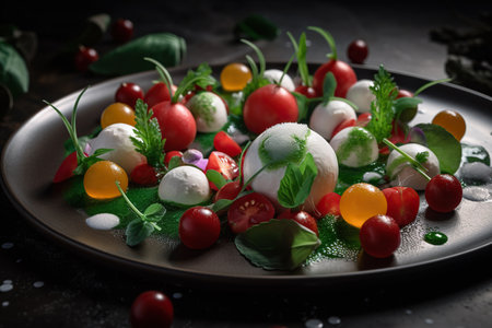 Caprese salad with mozzarella cheese, cherry tomatoes and basil on a dark background, Generative AIの素材