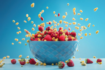 Strawberries in a blue bowl with falling corn. Generative AIの素材