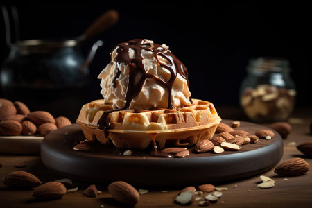 Waffle with ice cream and chocolate sauce on a wooden background. Generative AIの素材