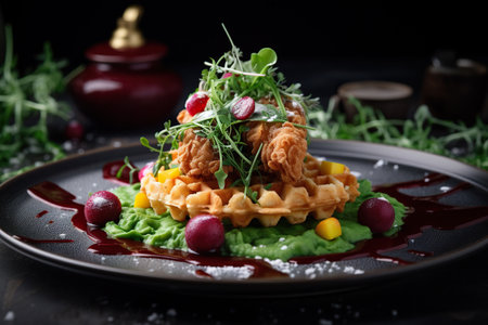Waffles with fresh vegetables and sauce on a black background. Selective focus. Generative AIの素材