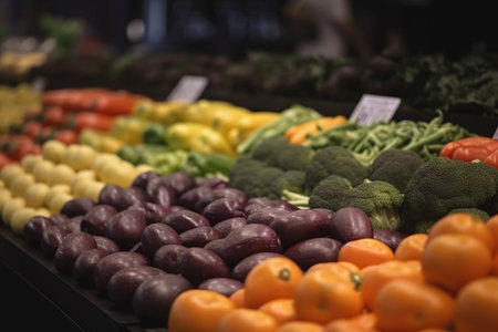 Variety of vegetables on a market stall in a grocery store. Selective focus, Generative AIの素材