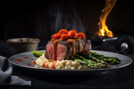 Grilled beef steak with asparagus and tomatoes on a dark background, Generative AIの素材