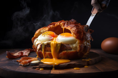 Cheese croissant with bacon and egg on a wooden board, Generative AIの素材