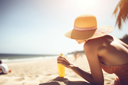 Young woman in hat and swimsuit applying sunscreen on the beach. Generative AIの素材