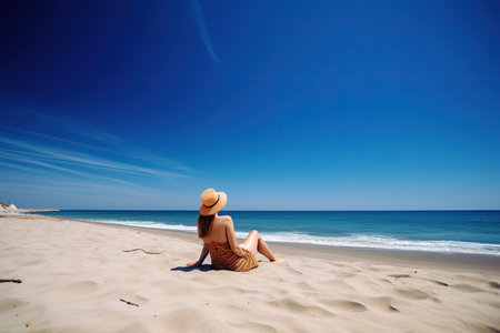 Young woman in straw hat sitting on beach and looking at sea. Generative AIの素材