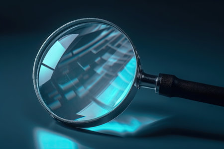 Magnifying glass on dark blue background, Generative AIの素材