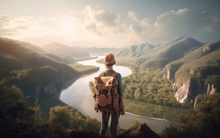 Hiker with backpack standing on the edge of the cliff and looking at the river, Generative AIの素材
