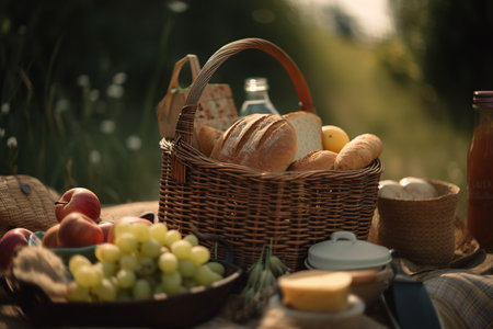 Picnic basket with bread, fruit and juice on table in countryside. Generative AIの素材