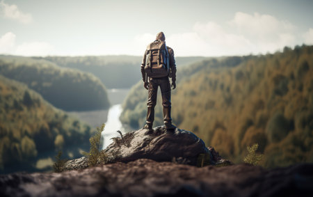 Hiker with backpack standing on the edge of a cliff above the river, Generative AIの素材