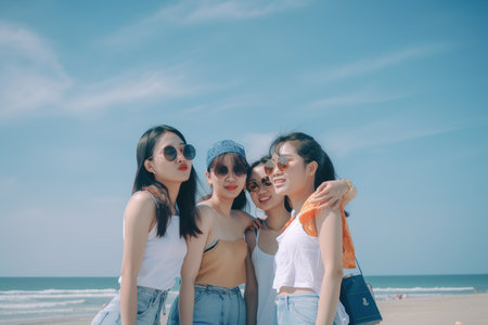 group of happy asian women in sunglasses having fun on the beach, Generative AIの素材