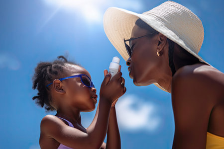 happy african american mother and daughter applying sun protection cream on face, Generative AIの素材