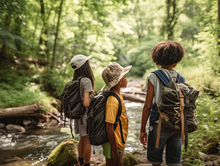 Back view of children with backpacks standing on a trail in the forest, Generative AIの素材