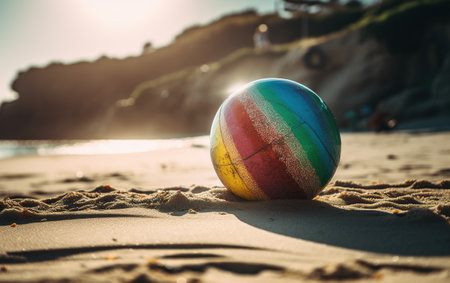 Colorful beach ball on the sand by the ocean. Generative AIの素材