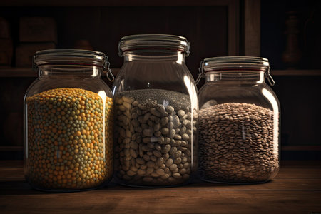 Beans and lentils in glass jars on a wooden shelf, Generative AIの素材