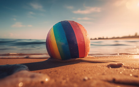 Colorful beach ball on the sand in the rays of the setting sun, Generative AIの素材