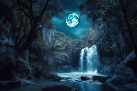 Fantastic waterfall in the forest at night. Generative AIの素材