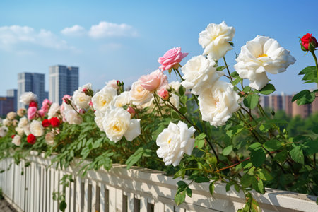 White and pink roses on the background of the cityscape. Beautiful summer landscape. Generative AIの素材