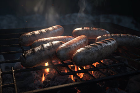 Grilled sausages on the grill with flames and smoke. Generative AIの素材