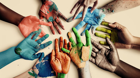 Hands of different colors painted on the palms of a young girl, Generative AIの素材