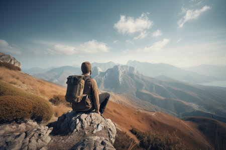 Man with backpack sitting on top of a mountain and looking at the valley. Generative AIの素材