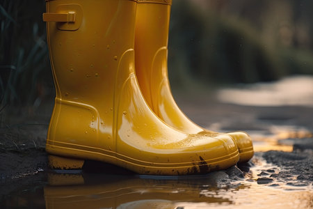 Yellow rubber boots in a puddle on a rainy day. Close-up. Generative AIの素材
