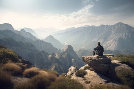 Man sitting on top of a rock and looking at the valley. Generative AIの素材
