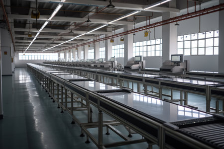 interior of a modern factory, conveyor belt, production line. Generative AIの素材