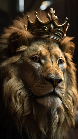 Portrait of a lion king with crown, close-up. Generative AIの素材