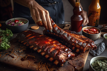 Barbecued ribs with sauce on wooden table. Barbecued ribs. Generative AIの素材