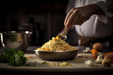 Close up of chef hands preparing delicious risotto with vegetables and herbs, Generative AIの素材