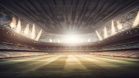 Generative AI of a large football stadium with bright lights and flaresの素材