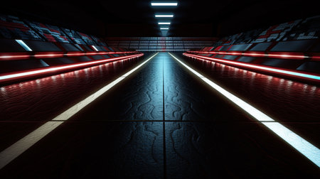 Futuristic corridor with glowing neon lights. Generative AIの素材