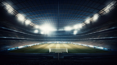 Generative AI of a large football stadium with bright lights at nightの素材