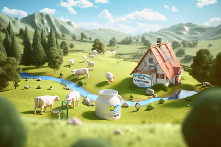 Milk and cows in a green meadow. Generative AIの素材