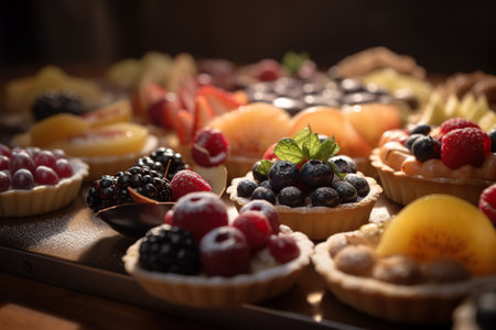 Variety of fruit tarts with berries on a wooden table. Generative AIの素材