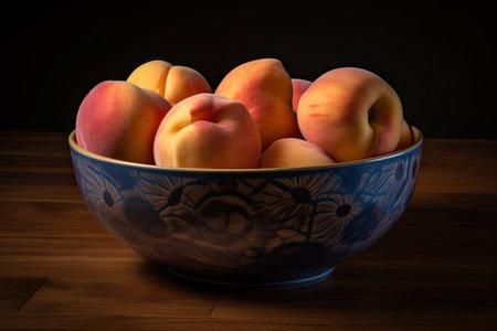 Fresh ripe apricots in a bowl on a wooden table. Generative AIの素材