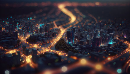 Generative AI rendering of a city in the evening with road and lightsの素材